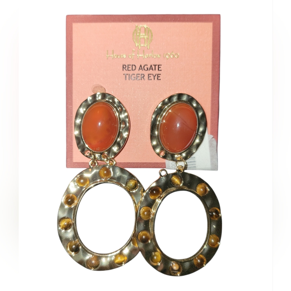 House Of Harlow 1960 Red Agate Tiger Eye Earrings NWT